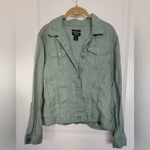 Jones New York Linen Jacket Pockets Button front Sage Green sz Large